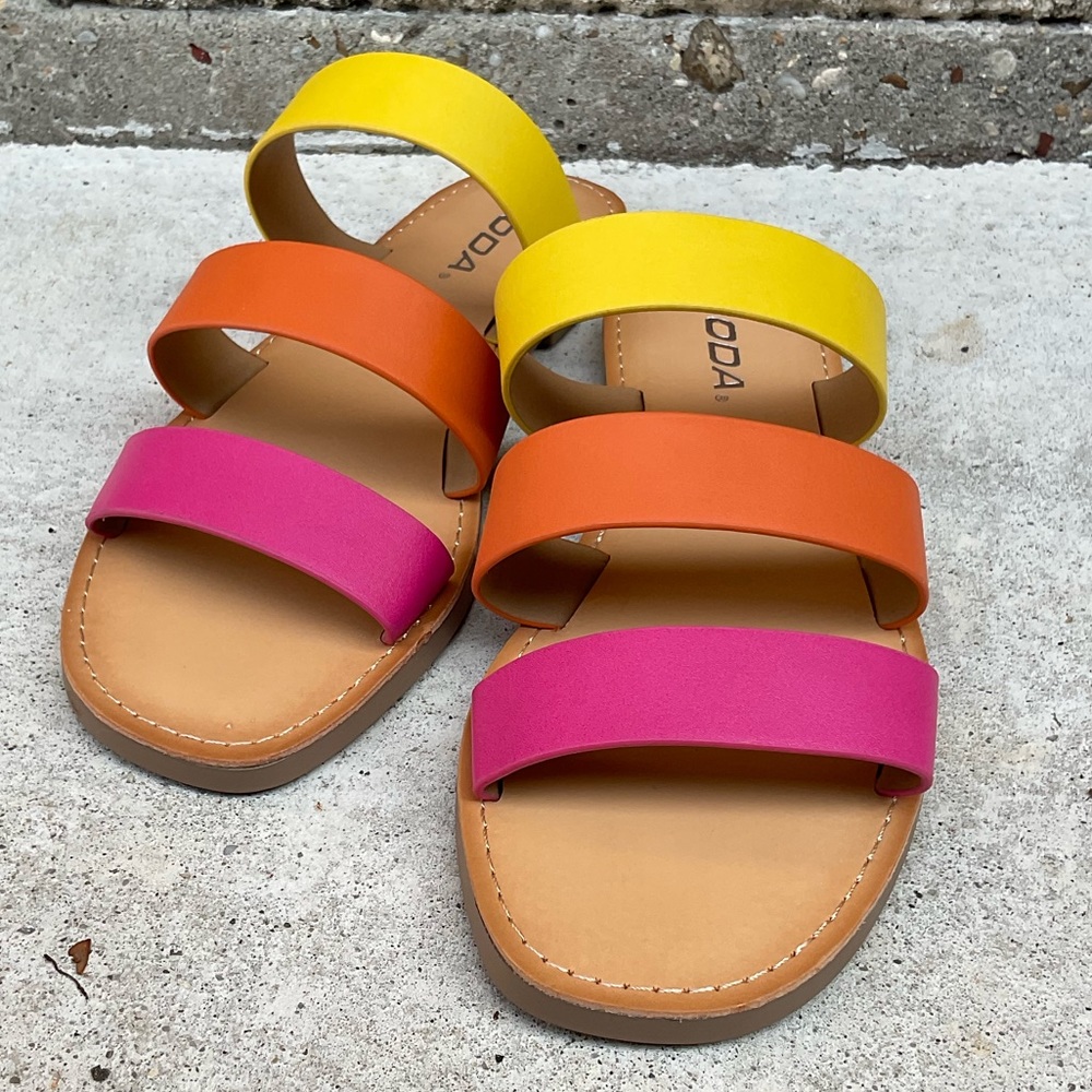 Yellow/orange/pink Multi colored strap flat sandals Soda brand TTS NEW